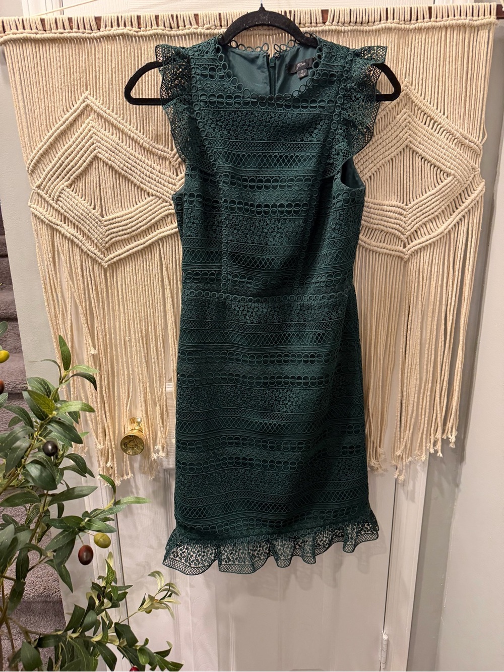 J. Crew Emerald Green Lace Midi Dress with Ruffle Details